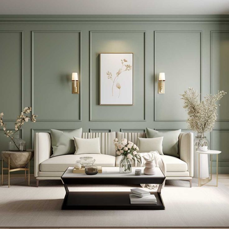 Render of a living room with sage-green wainscot wall panelling and picture-frame moulding, brass wall sconces, a cream channel-tufted sofa