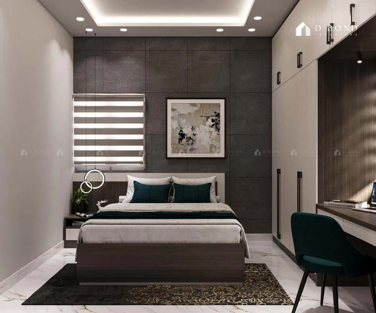 Render of a compact bedroom with a dark grey stone-tile headboard wall, twin ring pendants dropped over one nightstand, teal bolsters and a teal desk chair