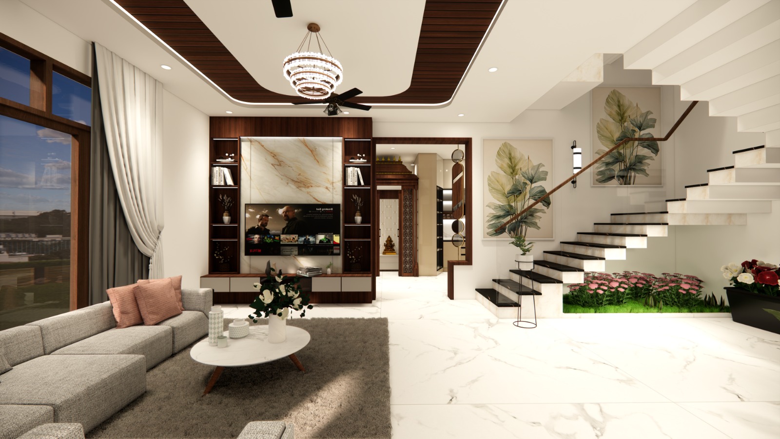Render of a double-height living room with a grey sectional sofa facing a wood-and-marble TV unit, a floating staircase with an indoor planting bed beneath it