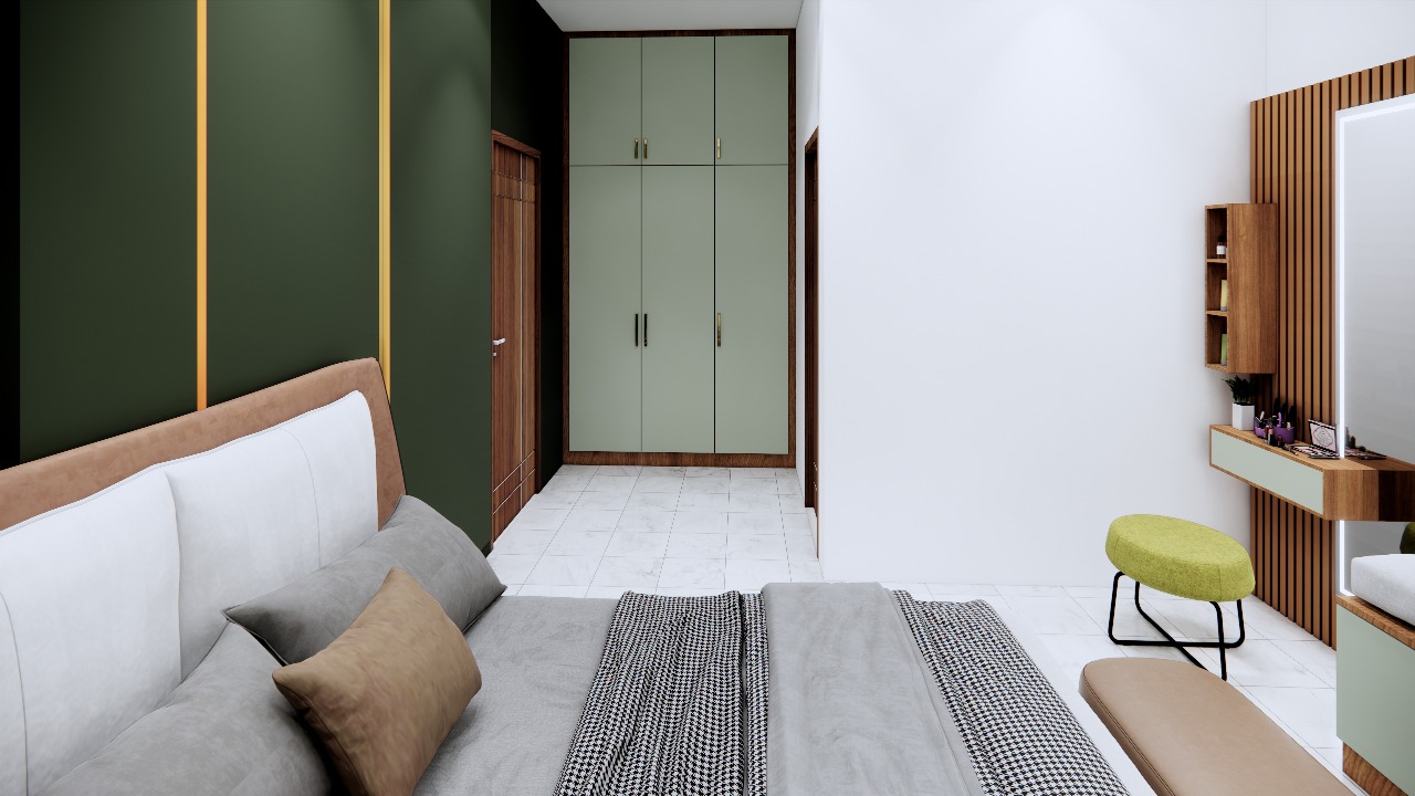 Render of a master bedroom with a dark green gold-striped headboard wall, a sage green wardrobe, and a fluted-panel dressing nook with a round mirror.
