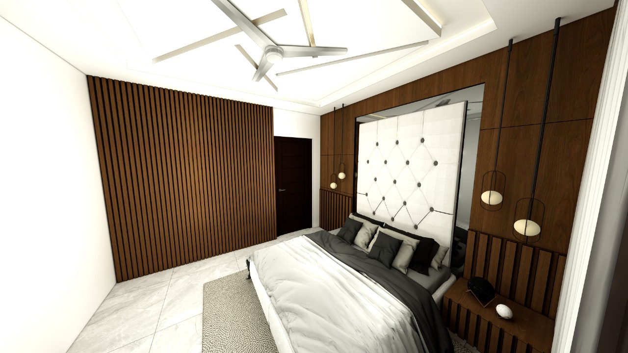 Render of a bedroom with a fluted wood-panelled wall, a diamond-tufted upholstered headboard, and hanging bulb pendant lights flanking the bed.