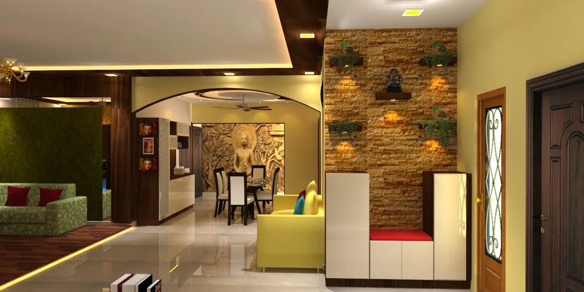 Render of an open-plan entrance leading into living and dining areas, with a stone-clad accent wall