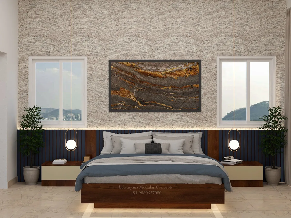 Render of a bedroom split horizontally - navy fluted panelling with attached veneer nightstands below
