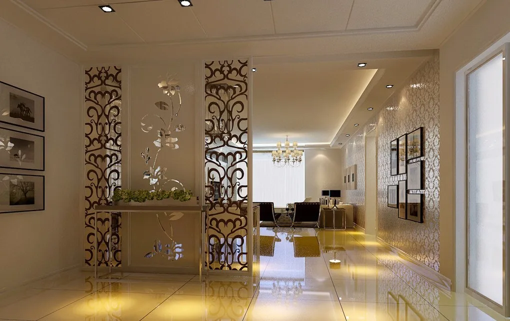 Render of an entry foyer screened off from the living room by a scroll-pattern CNC partition carrying a mirrored floral appliqué