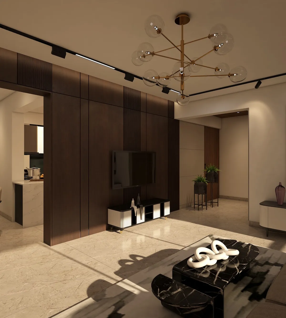Render of a living room with a dark fluted-wood TV feature wall, a brass sputnik chandelier, a black marble coffee table