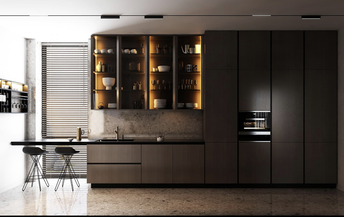 Render of a dark wenge-toned kitchen with glass-fronted illuminated display cabinets, a stone slab backsplash, a built-in oven, terrazzo flooring