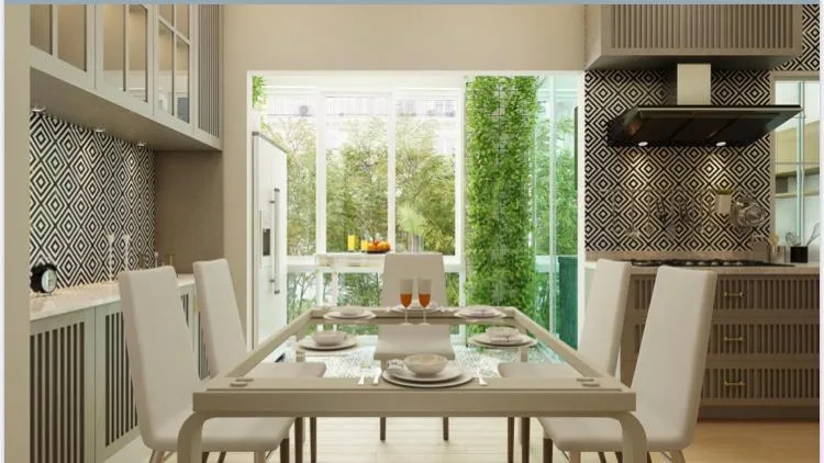 Render of a dining table set for a meal between two symmetrical kitchen runs with bold black-and-white diamond-pattern tile backsplash and a full-height window
