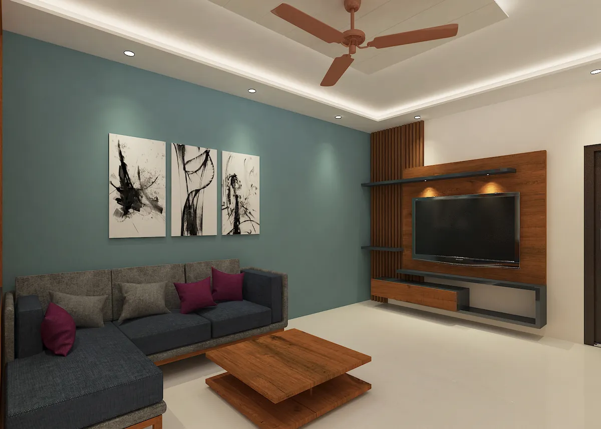 Render of a living room with a teal accent wall carrying a black-and-white ink triptych