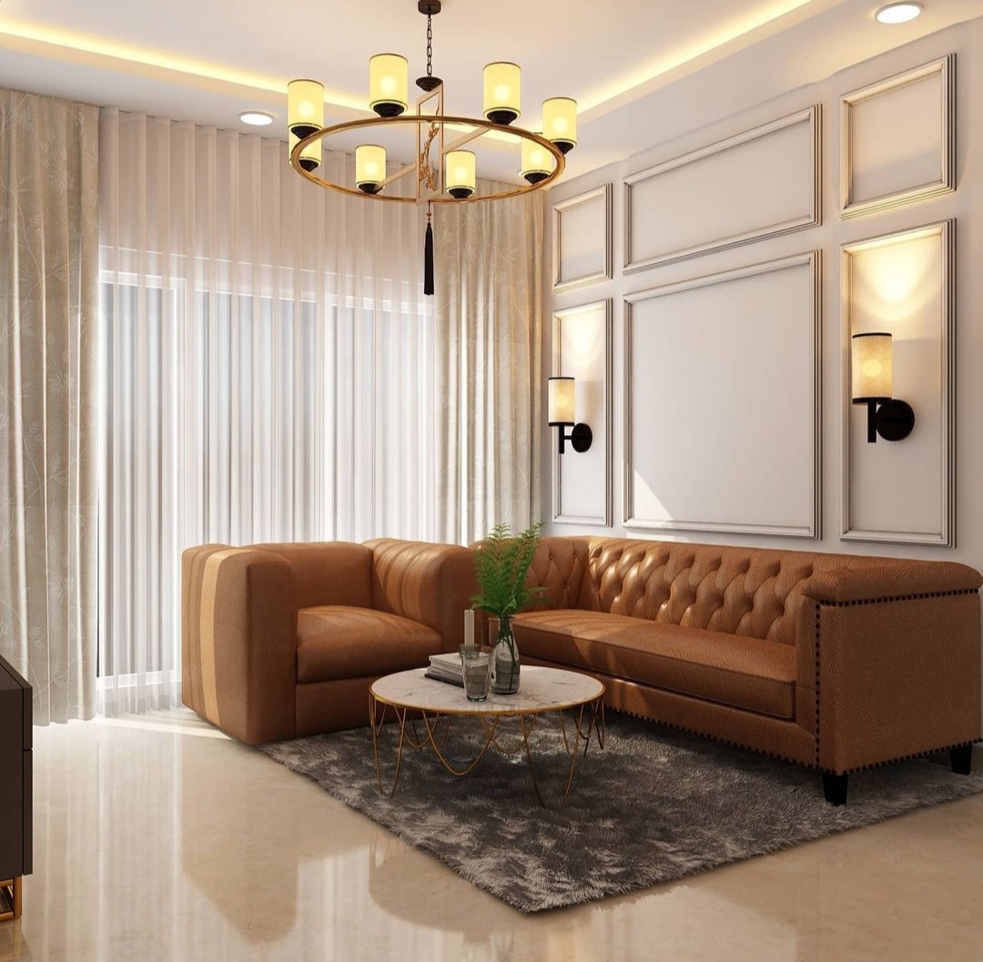 Render of a classic living room with a tufted tan leather chesterfield sofa set, a marble-and-gold coffee table on a grey shag rug, wainscoted walls