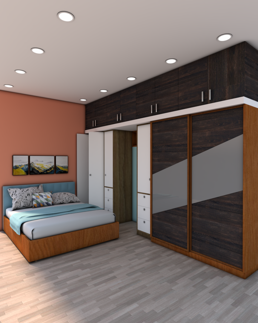 Rendered bedroom with a coral accent wall behind a teal-upholstered bed, a triptych of mountain landscape prints