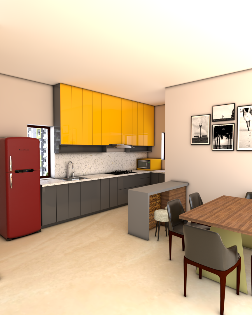 Render of an open-plan kitchen and dining area with glossy yellow upper cabinets, charcoal grey lower cabinets, a red retro fridge