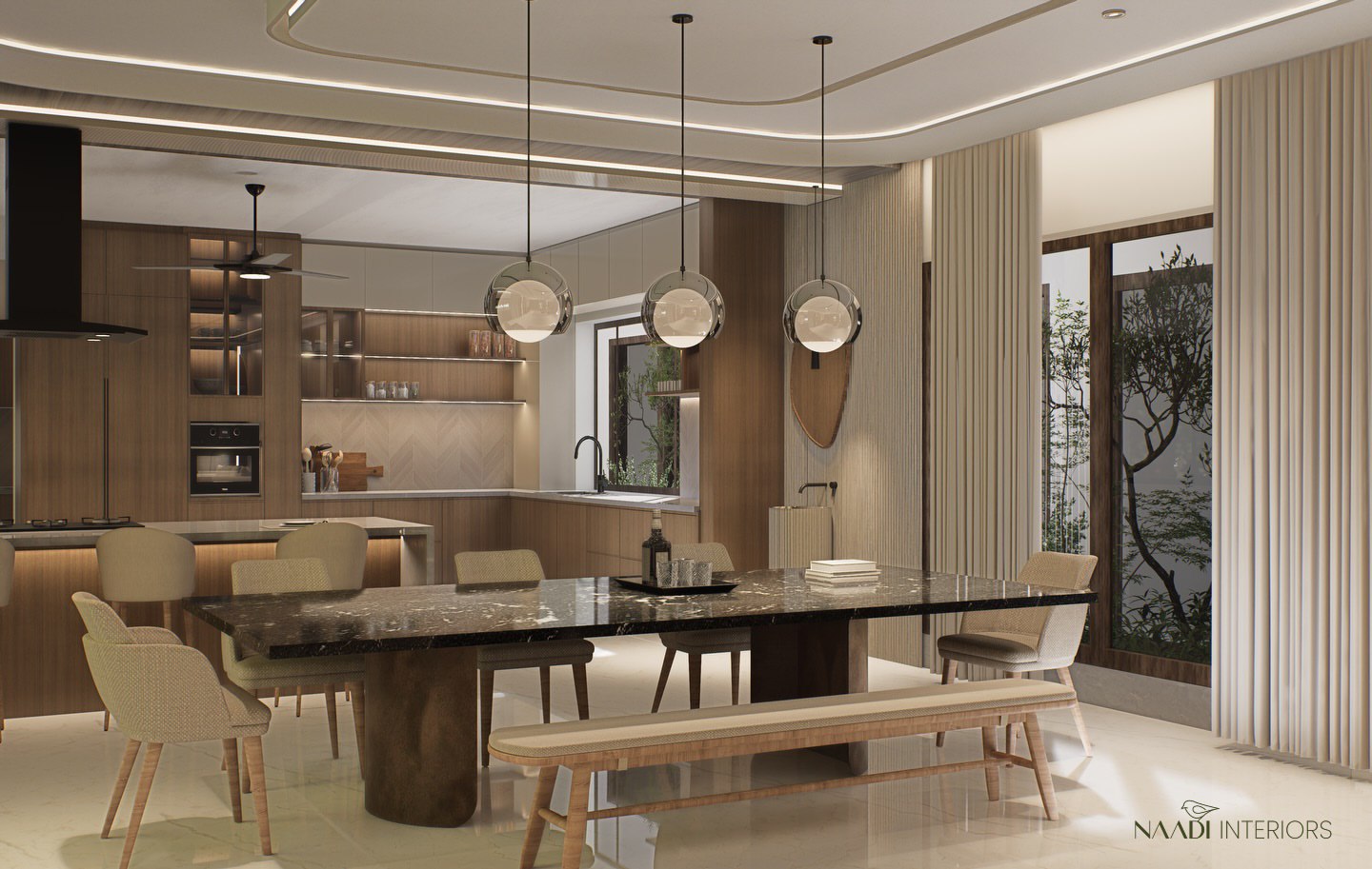 Render of an open dining-kitchen space with a brown-marble dining table and bench seating beneath three glass globe pendant lights