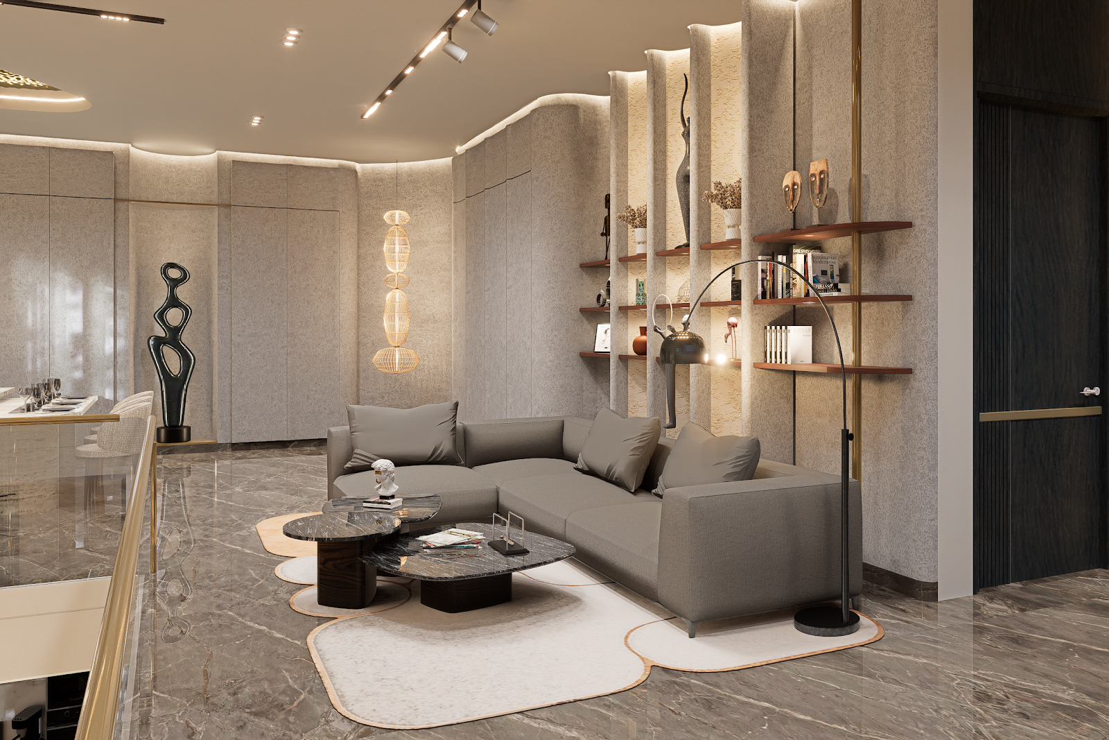 Render of a luxury living room with a curved textured plaster wall, a staggered wood shelf styled with global art objects, a grey sectional sofa