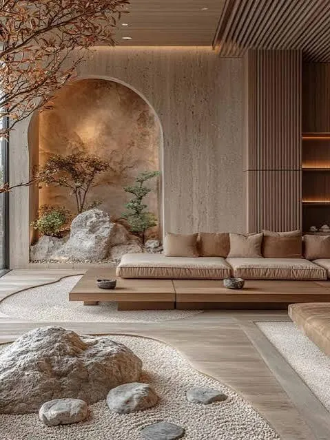 Render of a japandi-style living room with a travertine-clad arched niche housing an indoor rock garden, a wood-slat ceiling, and a built-in platform sofa.