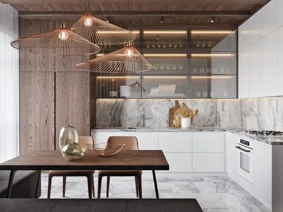 Rendered open-plan kitchen and dining space with a marble slab backsplash, glass-front upper cabinets for glassware, white lower units