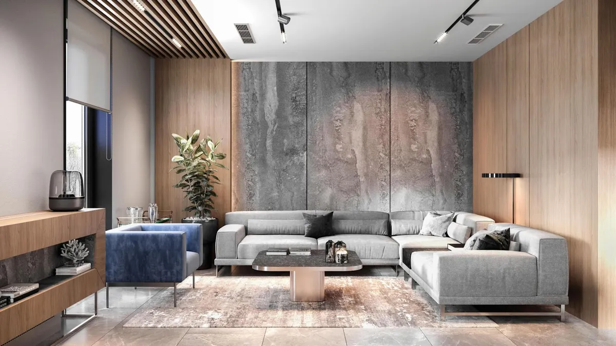 Render of a living room with a large-format grey and rose stone slab feature wall, a wood slat ceiling strip, a grey L-shaped sectional sofa