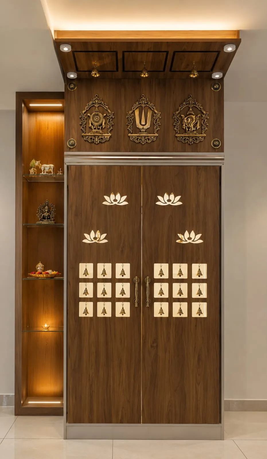 Dedicated pooja unit with dark wood double doors inlaid with brass lotus and deity motifs, ceremonial bells