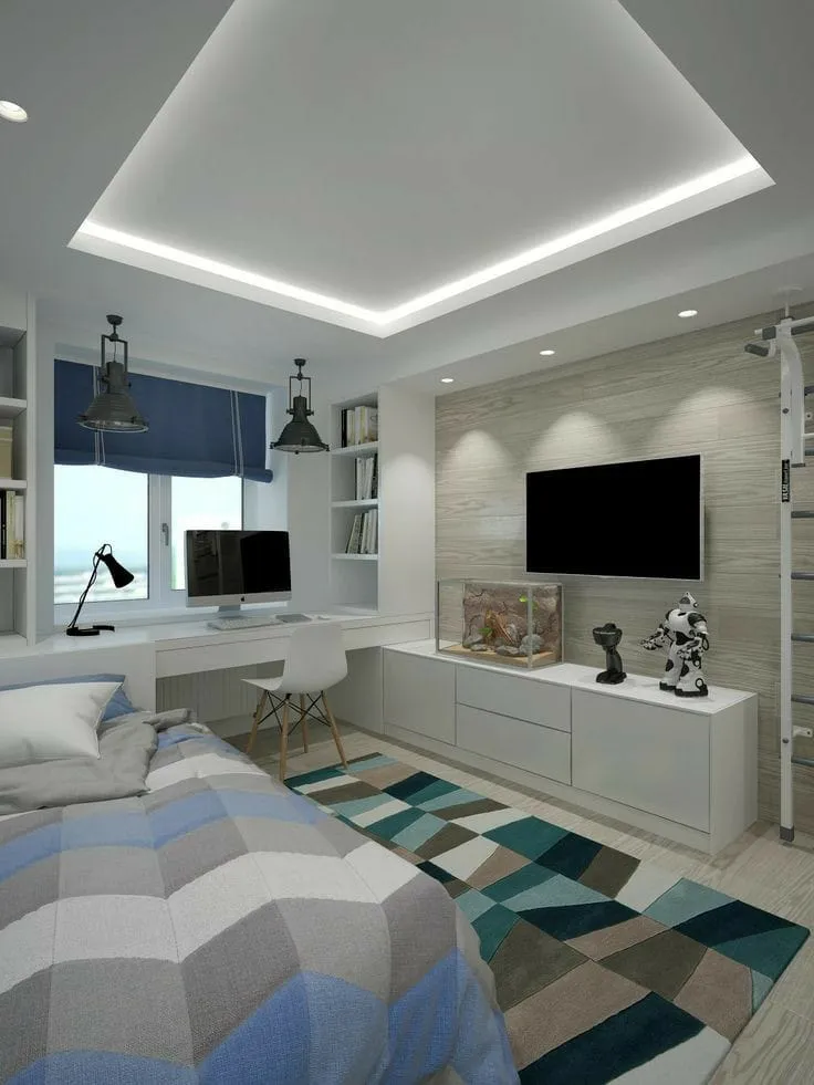 Render of a child's bedroom where the study counter runs into the window sill under two industrial pendants