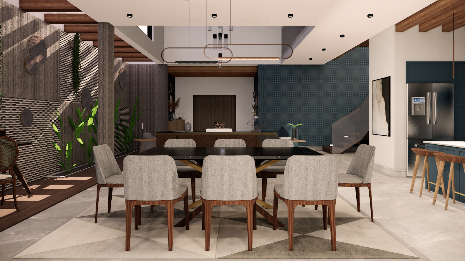Render of a double-height dining area in an open-plan villa, with a black marble dining table seating eight, a walnut sideboard