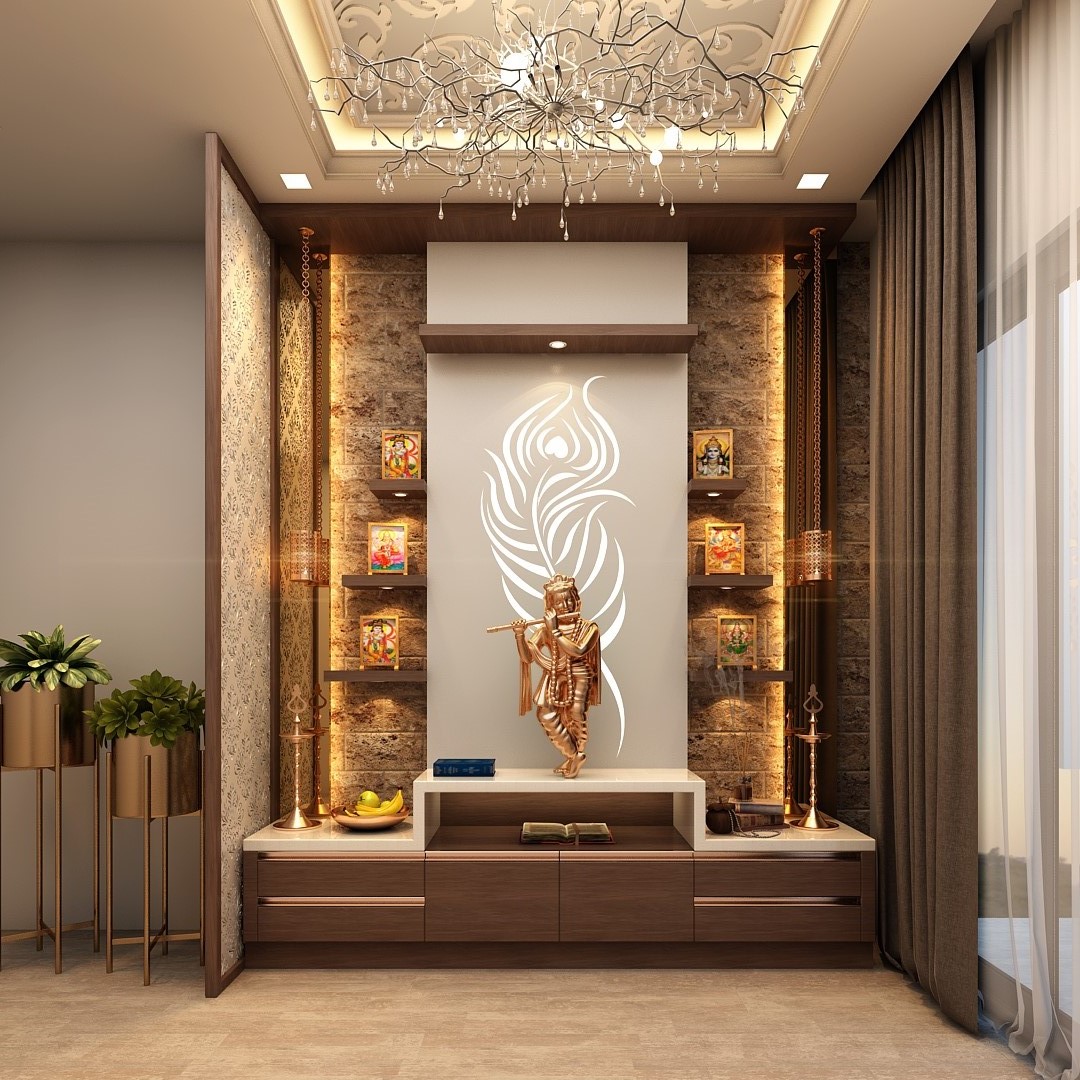 Pooja room render with a backlit peacock-feather wall panel behind a brass Krishna idol on a wood console, flanking stone-clad shelving for framed deities