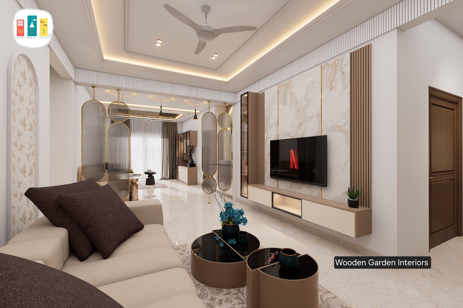 Render of a living room with a marble-and-fluted-wood TV wall, a decorative gold-ribbed screen partition