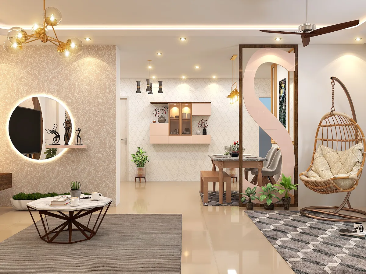 Render of an open living-dining where a blush S-curved partition screens a marble-top dining set from a TV wall of beige botanical wallpaper with a backlit