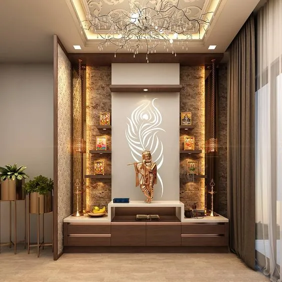 Render of a pooja alcove with a white peacock-feather relief panel behind a brass Krishna idol