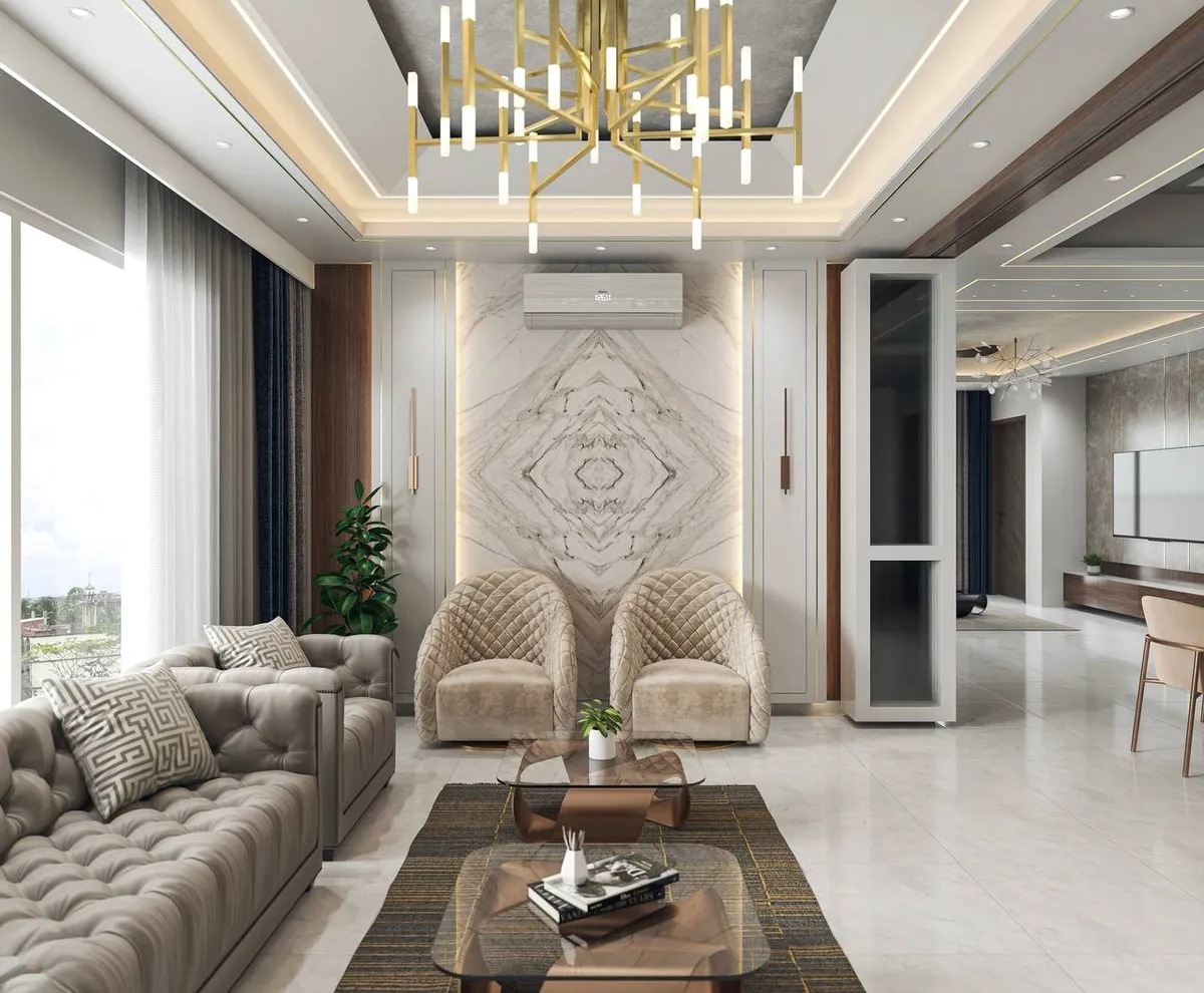 Render of a living room with a book-matched marble feature wall, brass sputnik-style chandelier
