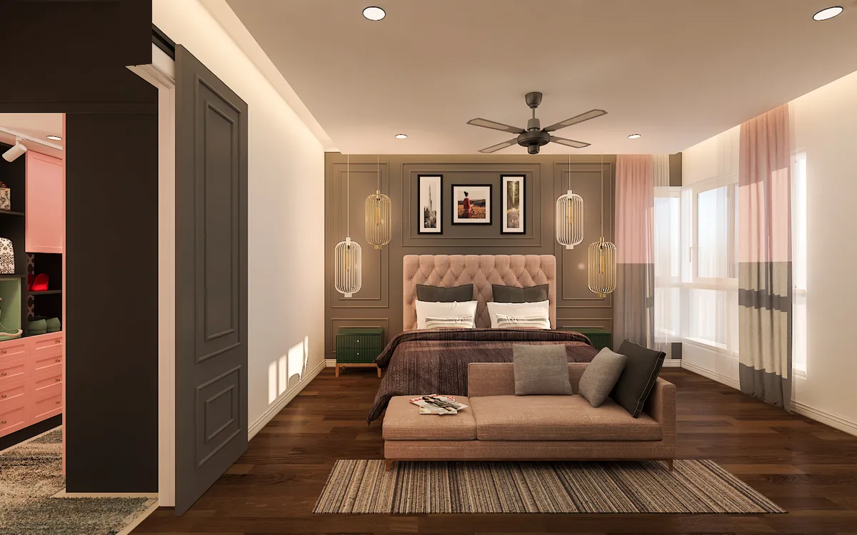 Render of a bedroom with a blush tufted headboard against a taupe moulded wall, three framed prints hung above it