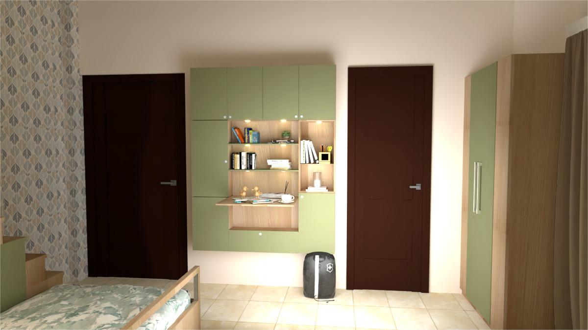 Render of a kids' bedroom with a green-and-wood built-in study unit and open bookshelf flanked by two dark wood doors, next to a bunk bed with storage steps.