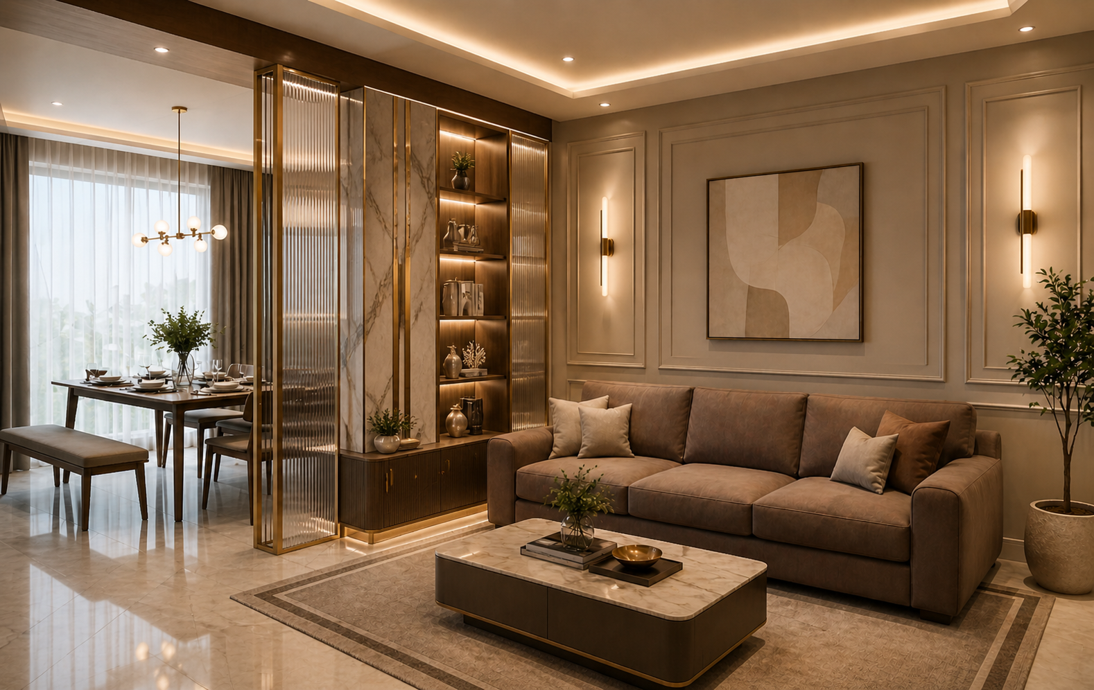 Render of an open-plan living room with a brown leather sofa and marble coffee table