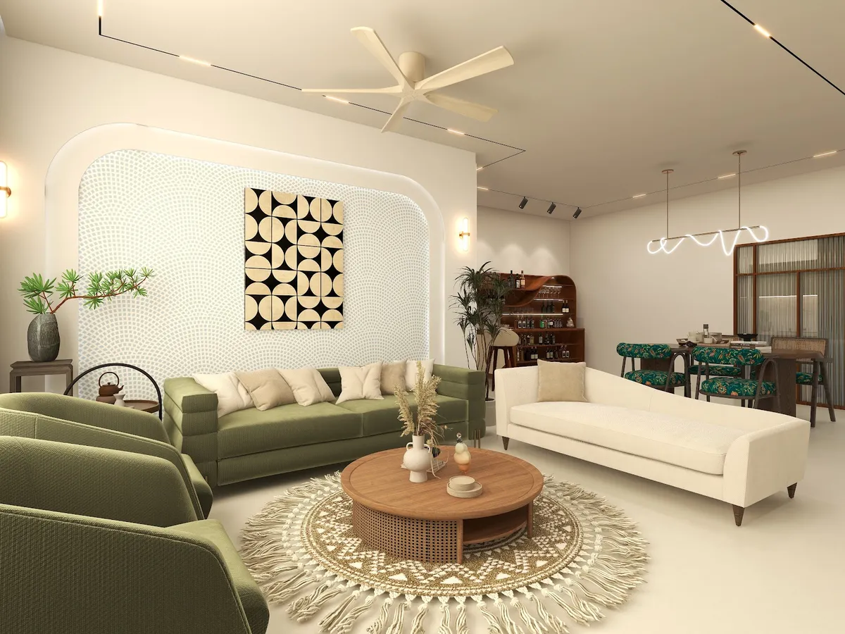 A render of a boho-styled living space with an olive velvet sofa, a round rattan-base coffee table on a macrame fringe rug