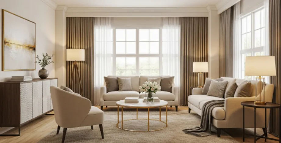 Render of a cream sitting room with a two-seater under a tall white-framed window, a second sofa alongside it
