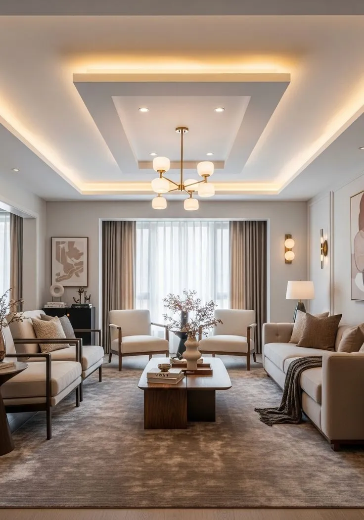 Living room with a tiered cove-lit false ceiling, a brass sputnik chandelier, a cream sofa and wood-frame armchairs around a dark wood coffee table on a