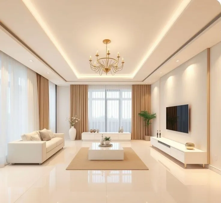Render of a large cream living room with a low white sofa and a wall-hung TV console on slim legs, a gold candelabra chandelier under a stepped cove ceiling.