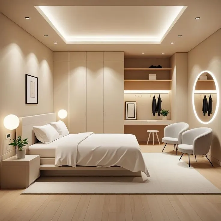 Render of an all-beige bedroom with a low white platform bed between two globe wall lamps, a floor-to-ceiling cream wardrobe run