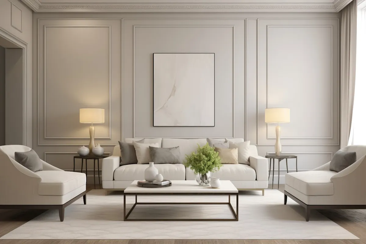 Render of a symmetric living room with a cream sofa flanked by matching armchairs, a marble-top coffee table, twin table lamps on either side