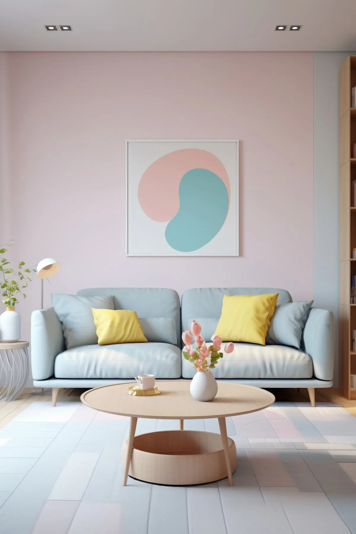 Render of a living room with a light blue sofa, yellow accent cushions, and a pastel pink wall featuring an abstract art print.