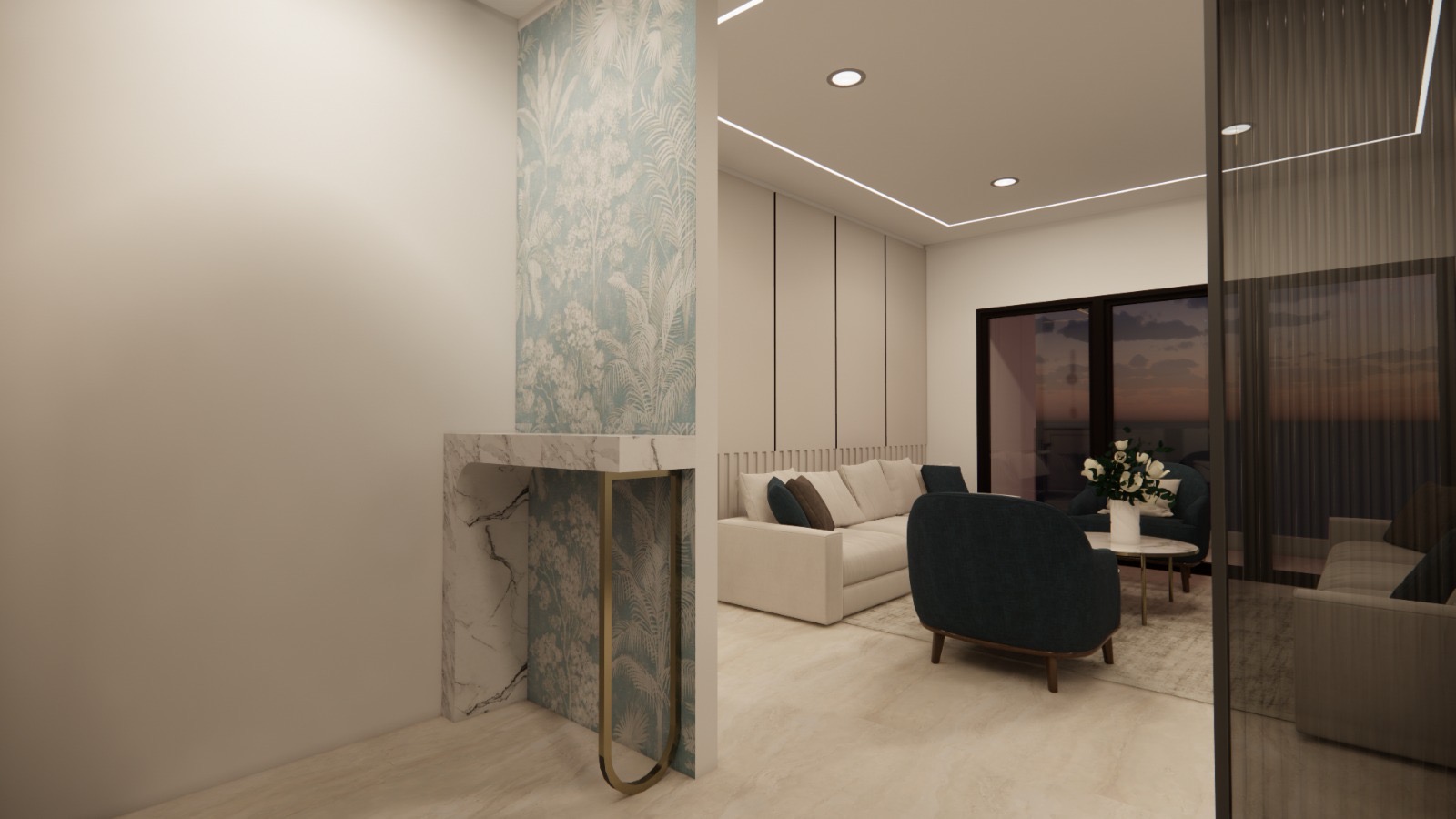 Render of an open living room seen past a marble-and-brass console with botanical wallpaper