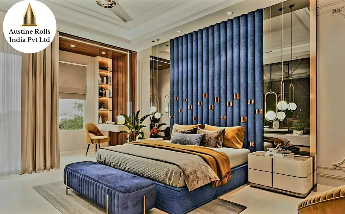 Render of a bedroom with a blue fluted upholstered feature wall behind the bed embedded with brass accent lighting, a matching tufted bench