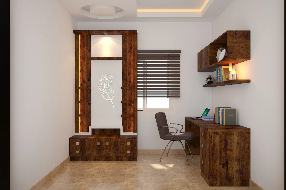Render of a small pooja-and-study room: a rustic-oak mandir with an etched peacock-feather back panel and a yellow LED strip down one jamb