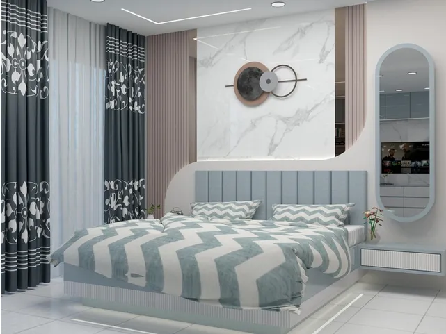Render of a dusty-blue bedroom with a channel-panelled headboard against a white marble slab backdrop, a capsule mirror over a floating console