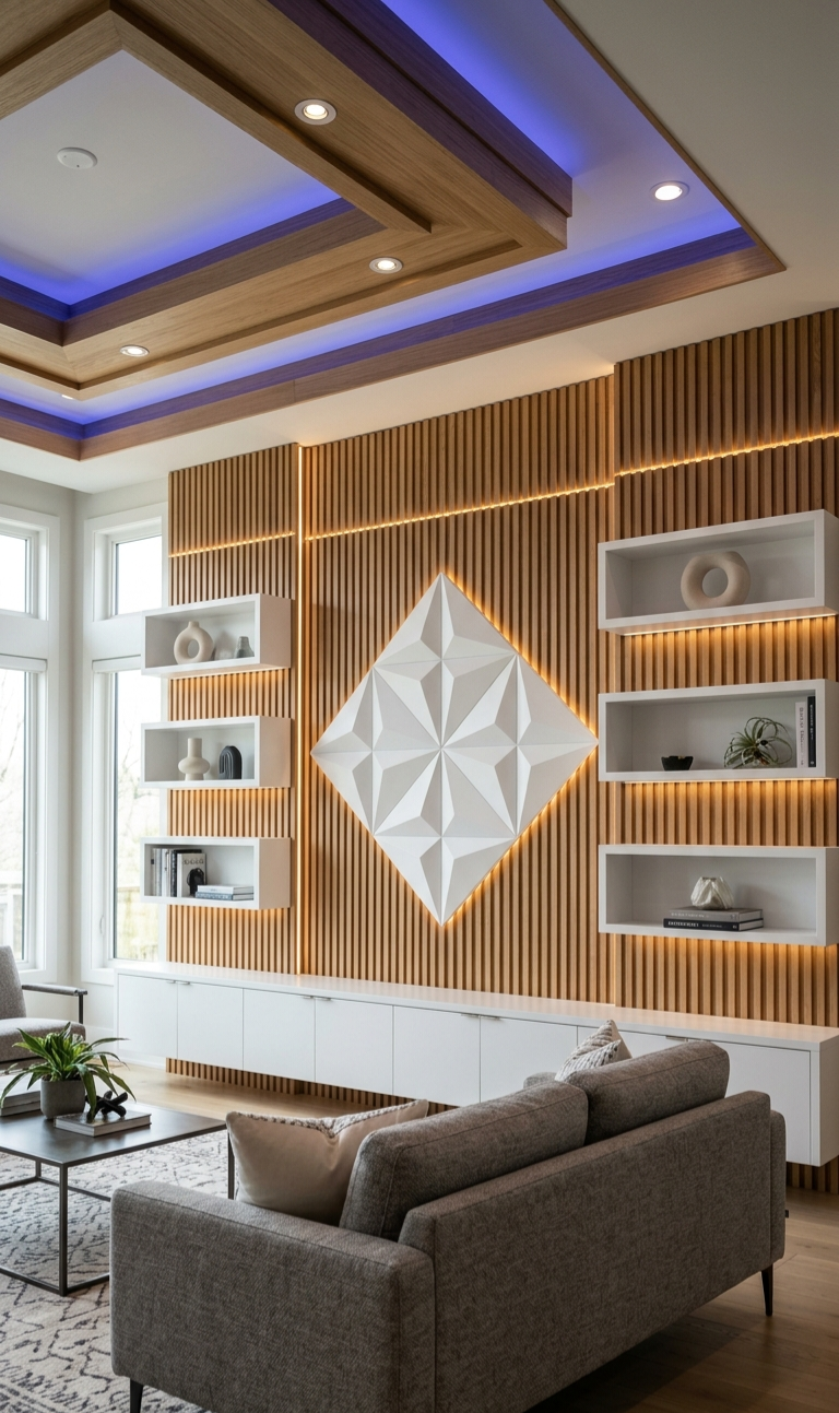 Render of a living room with a fluted wood slat feature wall, a geometric diamond wall art panel, and blue-lit cove ceiling detailing above a grey sofa.