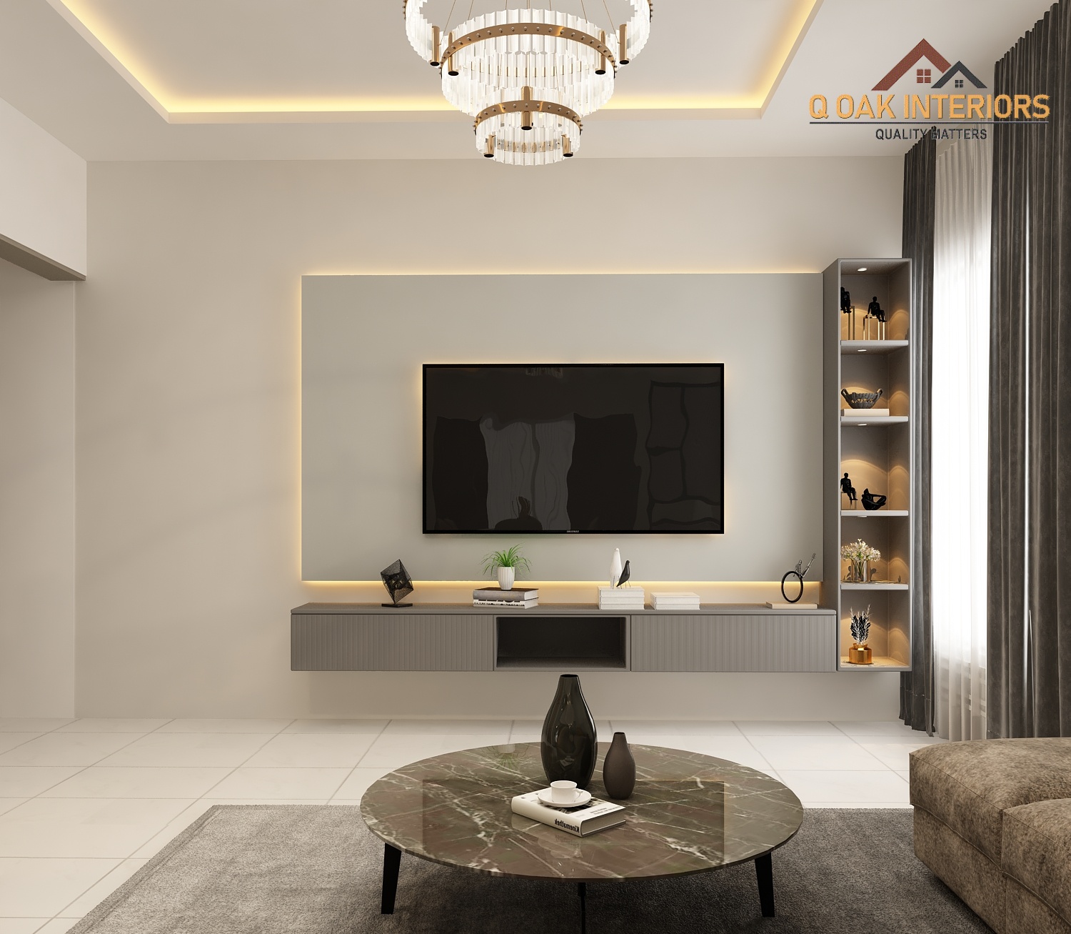 Render of a living room with a backlit grey TV feature wall, a fluted display shelf styled with figurines, a round marble coffee table