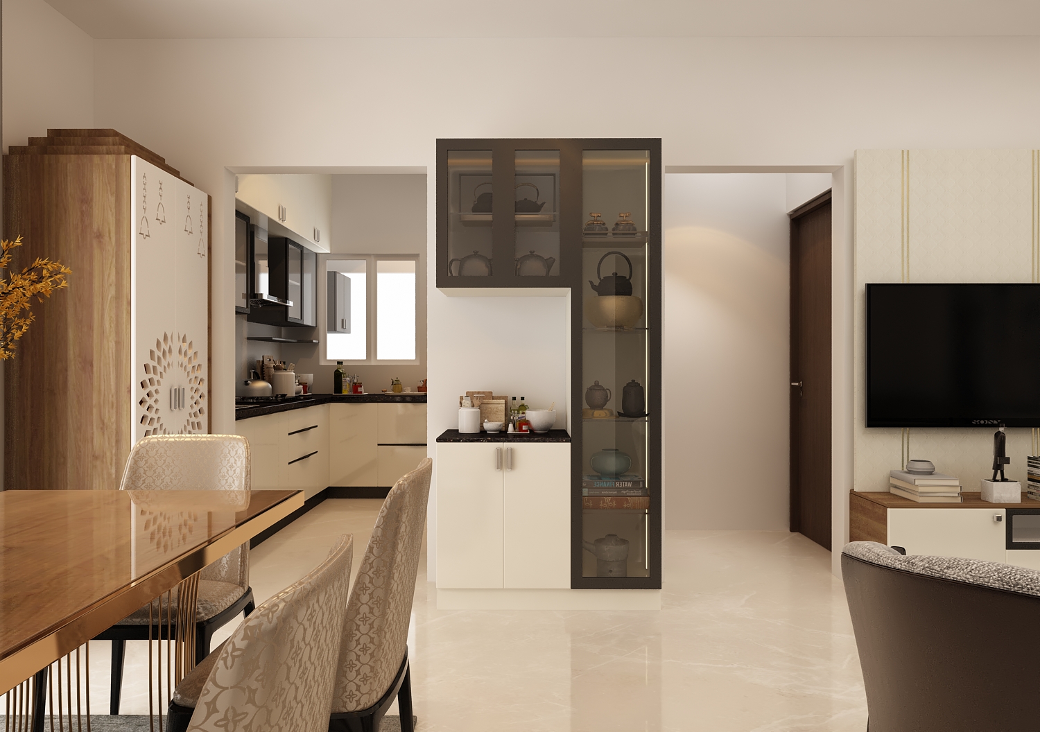 Render of an open-plan home showing a wood dining table with patterned chairs, a glass-front crockery display unit, a light beige modular kitchen beyond