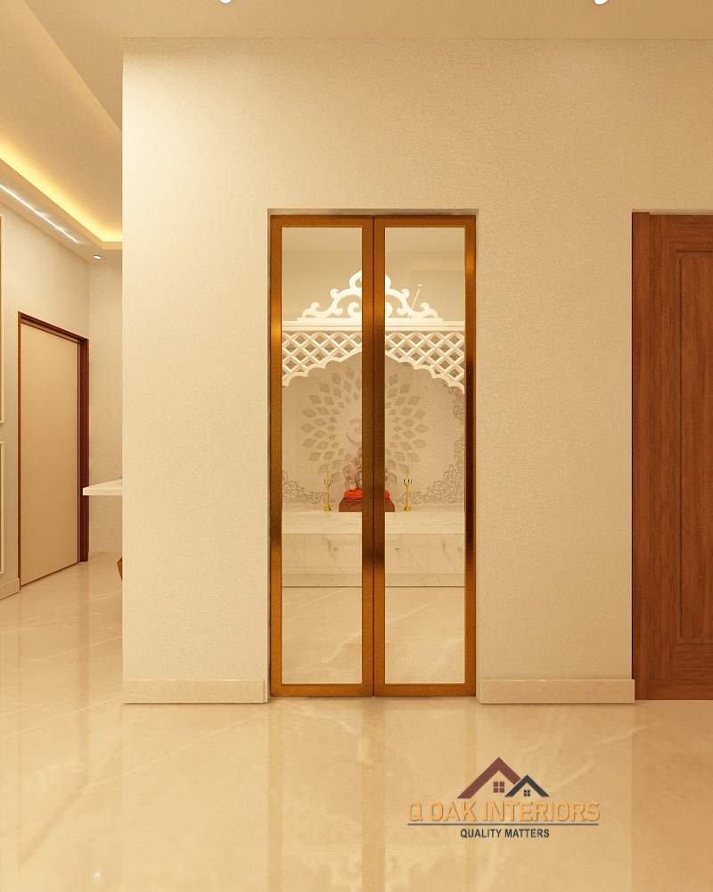 Render of a pooja room viewed through bronze-framed glass double doors, with a white carved jaali arch backdrop and marble idol platform.