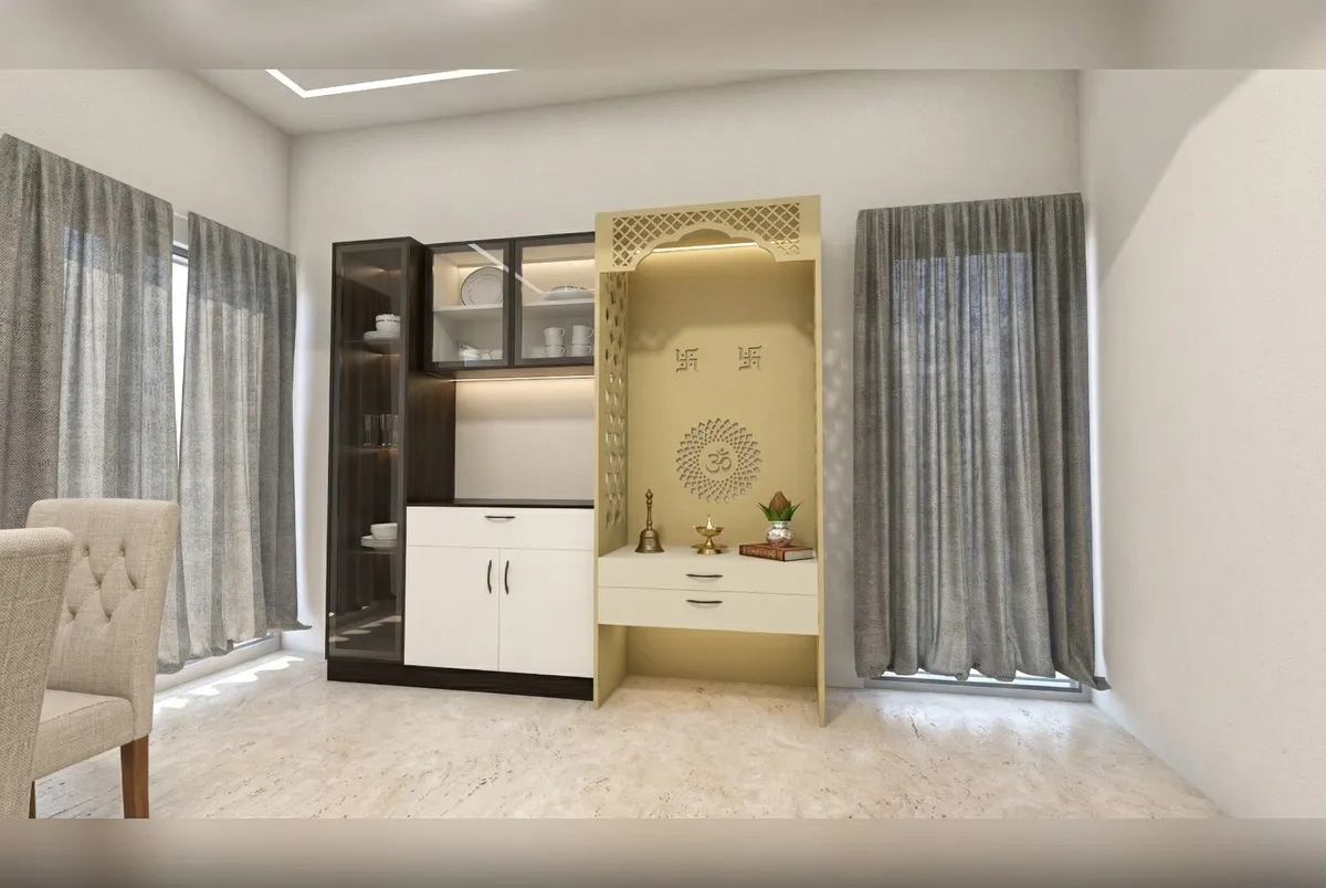 Render of a cream-and-gold pooja unit with a CNC-cut jaali arch valance and matching side screen