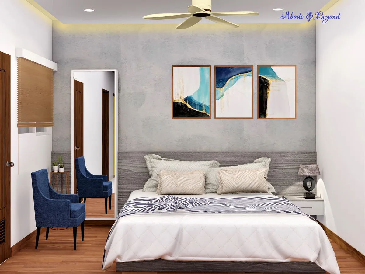 Render of a bedroom with a grey textured feature wall hung with a three-panel abstract art set, a grey upholstered bed