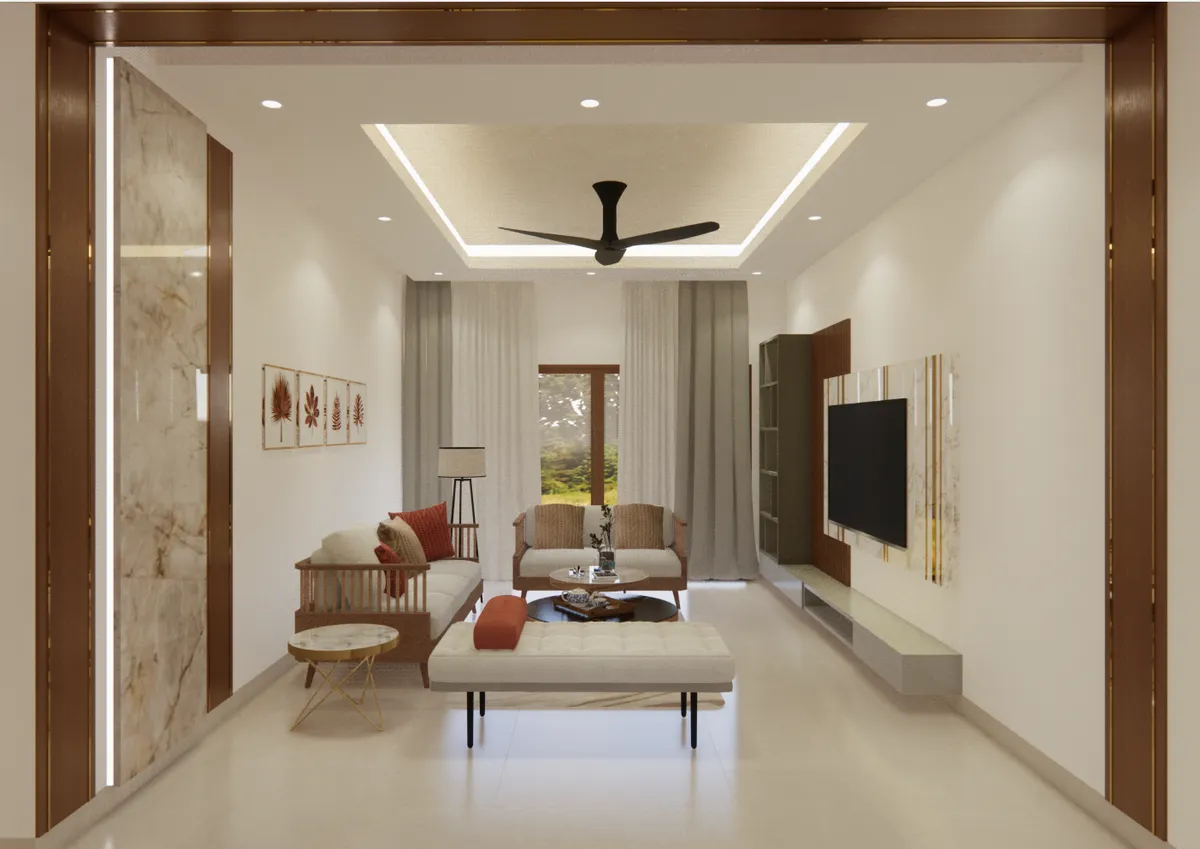 Render of a long narrow living room entered through a teak portal with backlit onyx side panels, a rectangular cove-lit ceiling and black fan overhead
