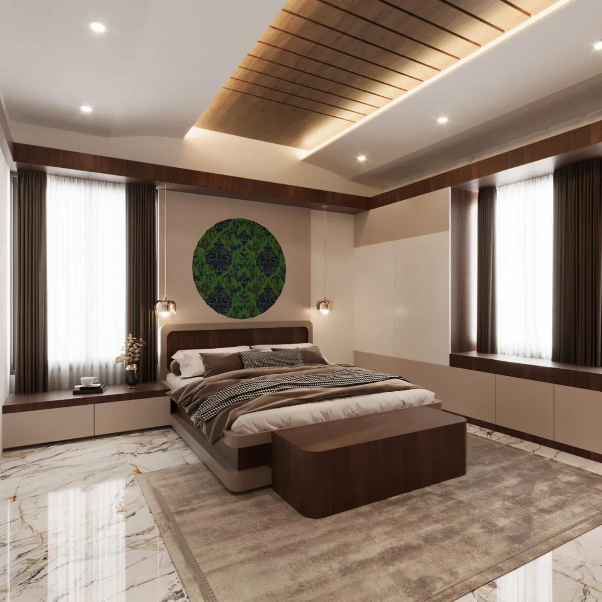 Render of a wide bedroom under a slatted-wood ceiling raft, with a circular green damask medallion above a curved walnut headboard and a dark wood bench